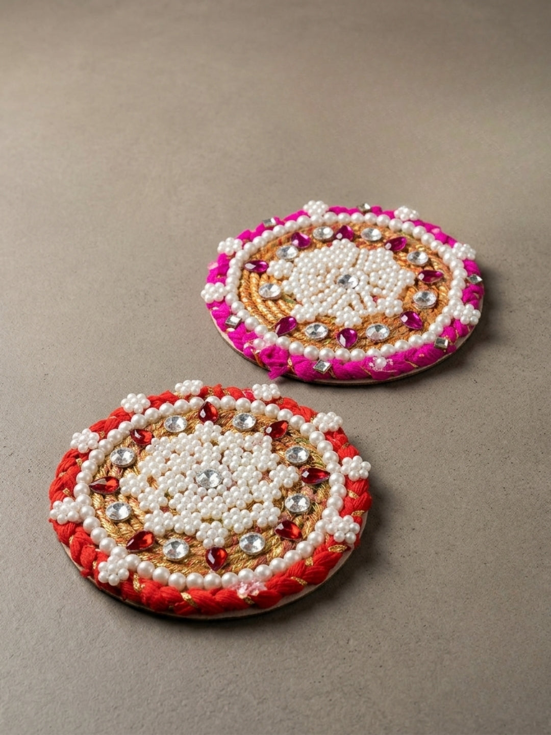 Handmade Beaded & Stone Studded Rangoli Red Mat / rangolis With tea light