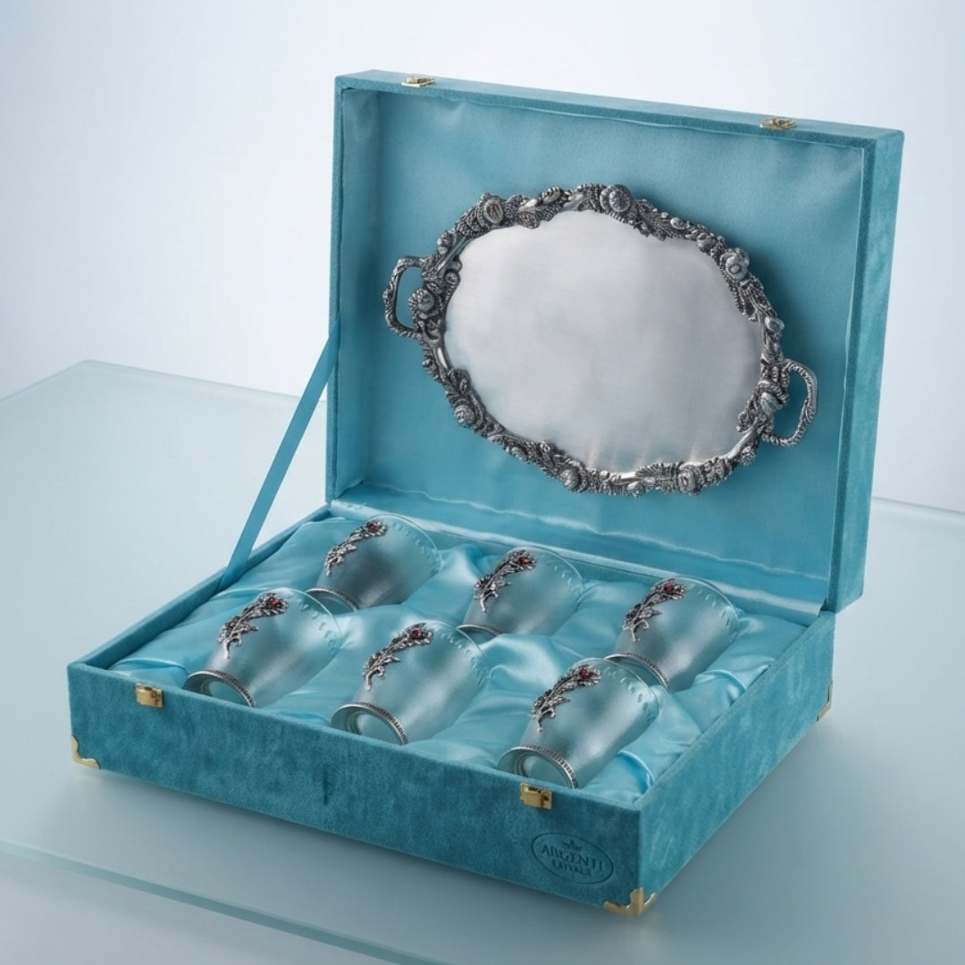 Silver Plated Glass and Tray Set of 7with Floral Motif