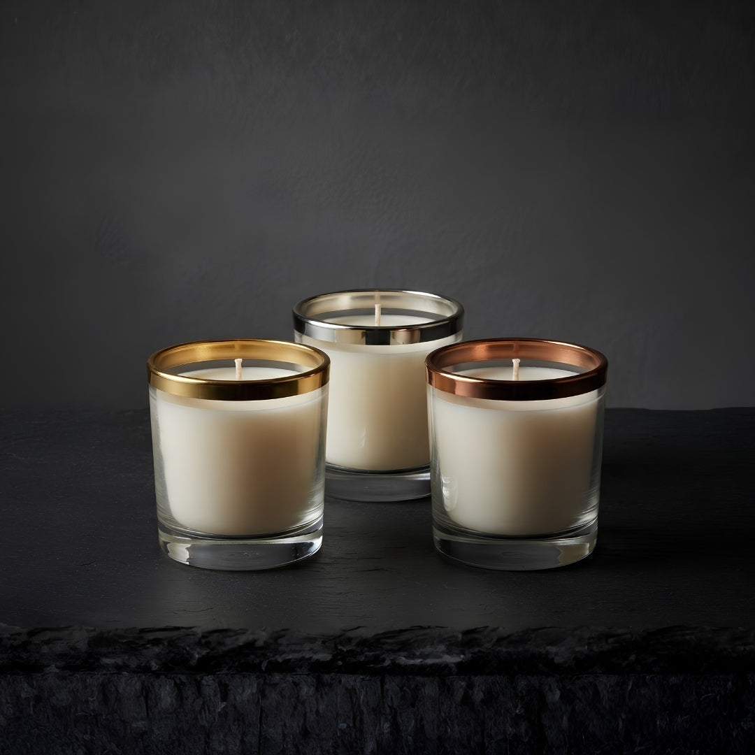 Set of 3 Glass Votive Scented Candles with Gold, Silver, and Copper Metallic Rims