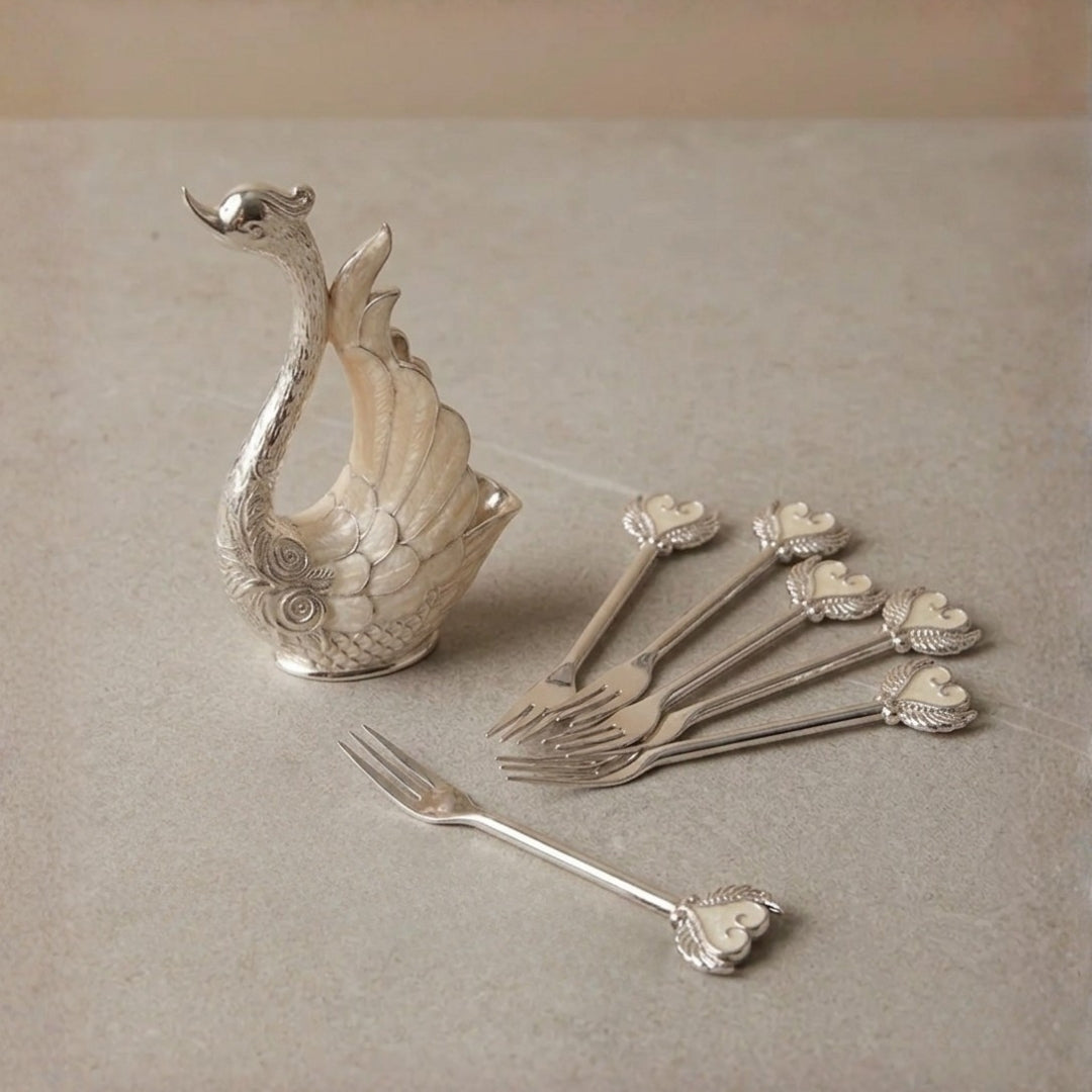 White Metal Swan Holder with Set of 6 Dessert Forks in Premium Gift Box
