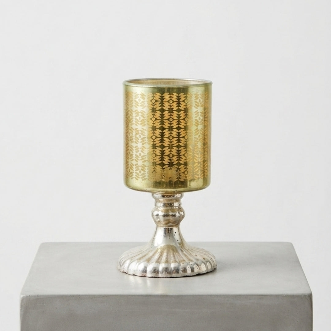 Green Leaf-Etched Glass Pedestal Tea Light Holders - single pc