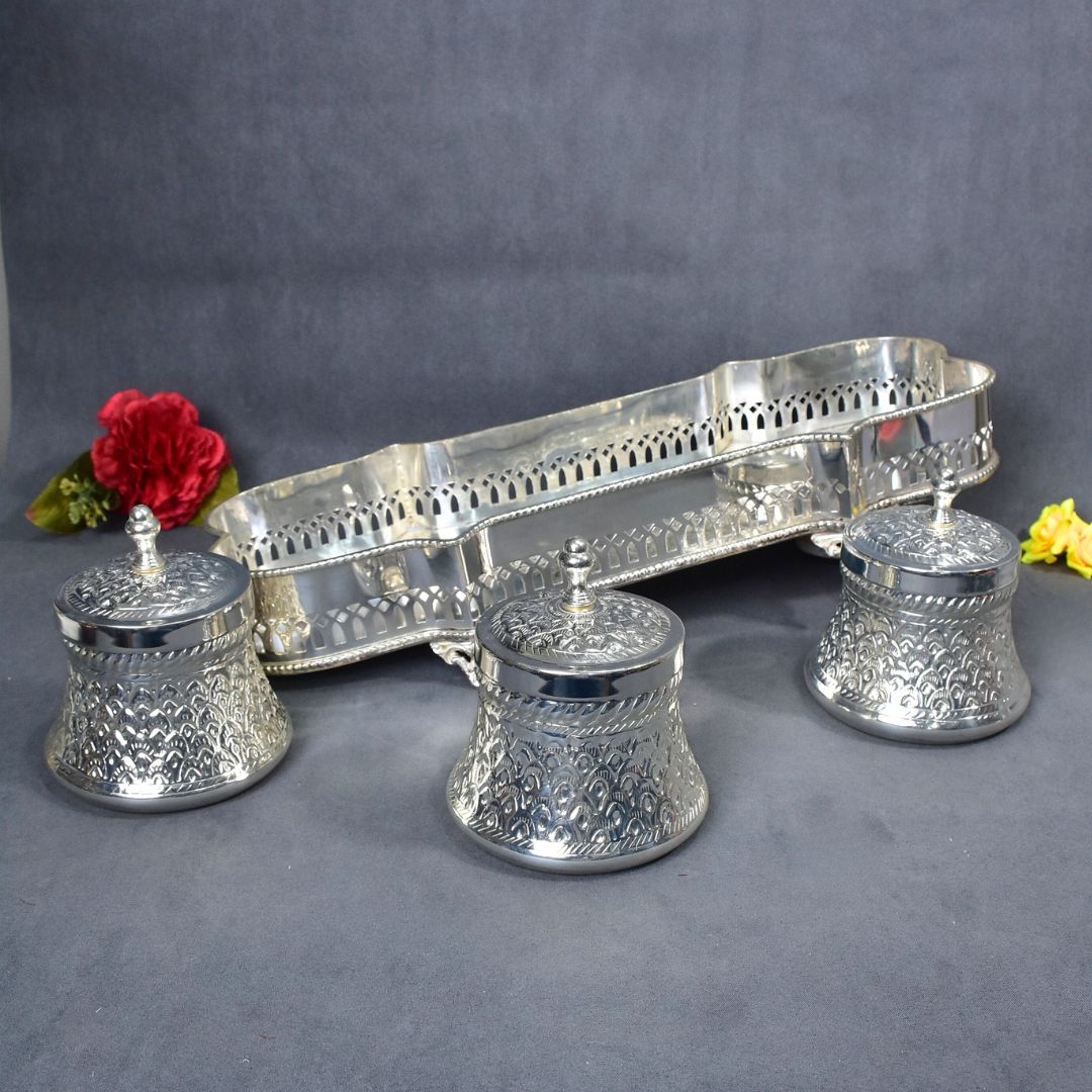 Brass Silver Plated Tray With Chitayi Jars Set