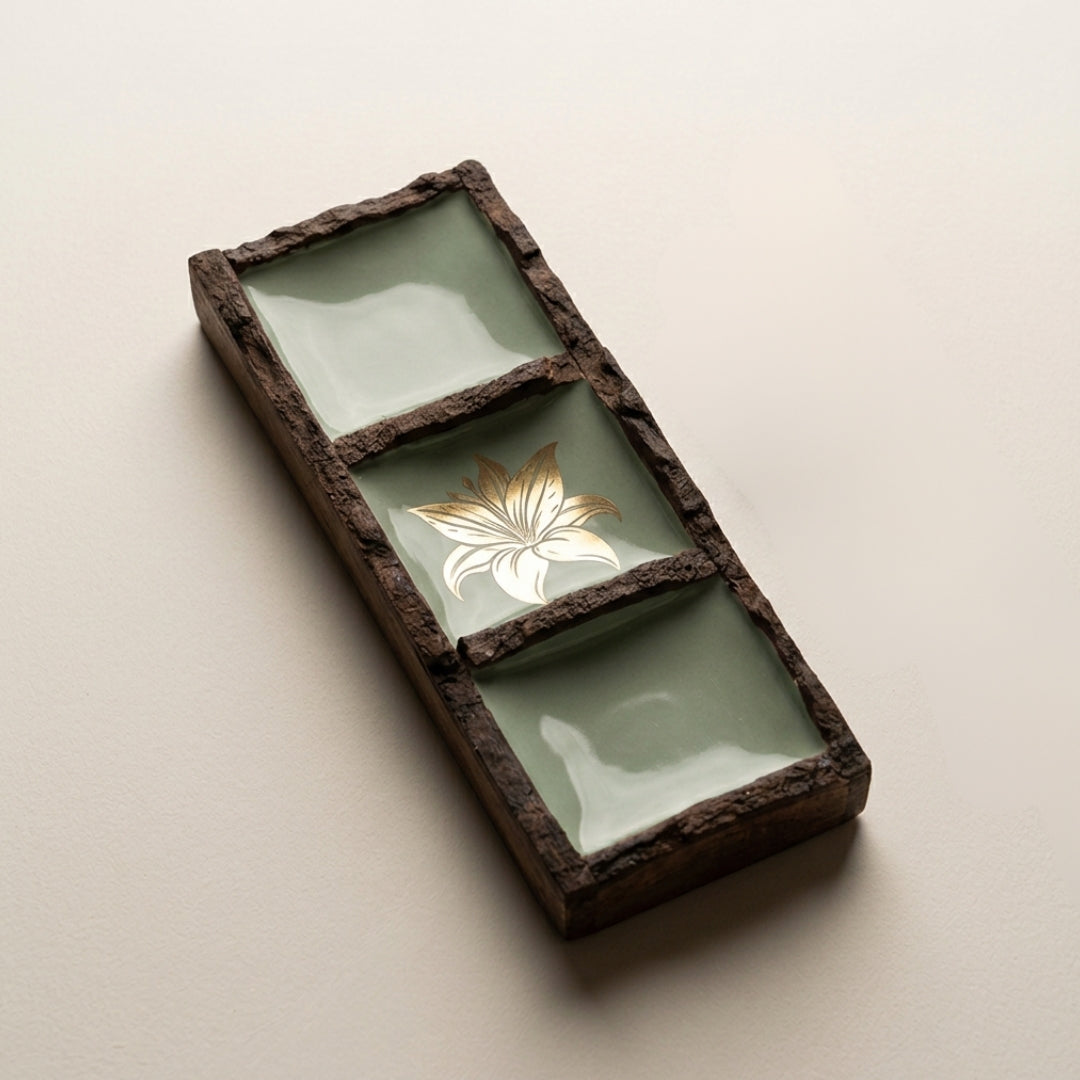 Green Enamel Wooden 3-Section Dip & Nut Platter with Tulip Foil Print