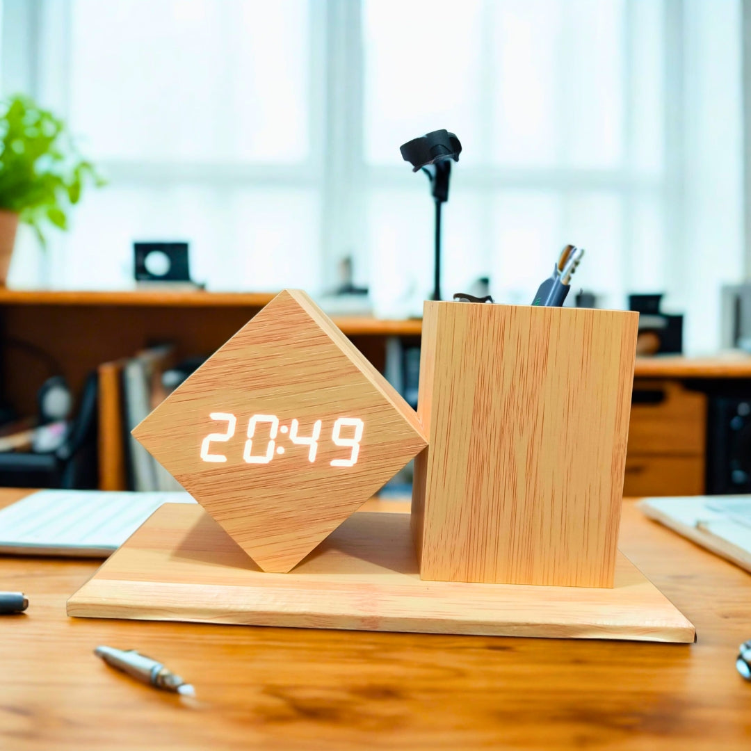 Wooden Cube Of Penstand With Digital Clock