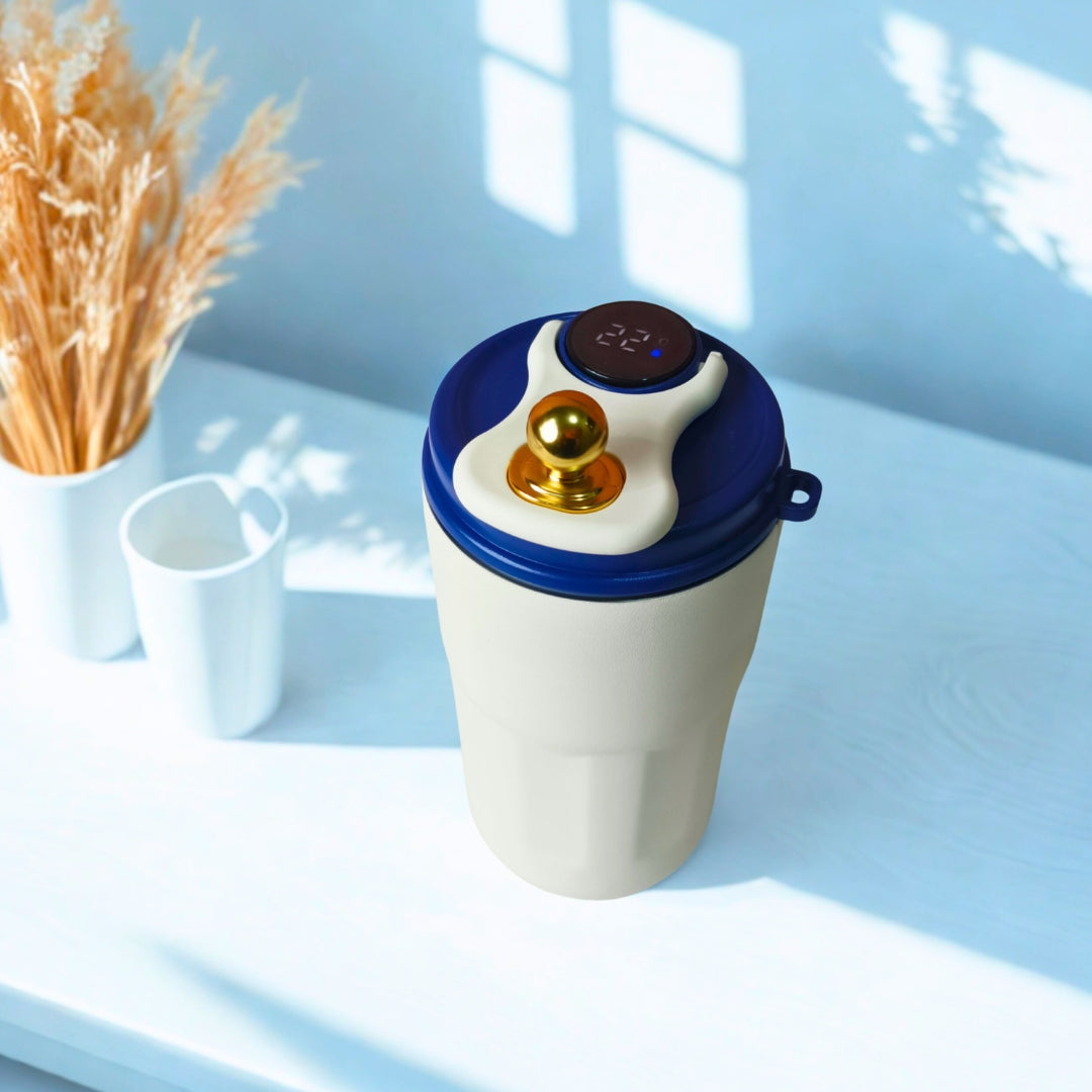 White Stainless Steel With Blue Lid & Gold Knob