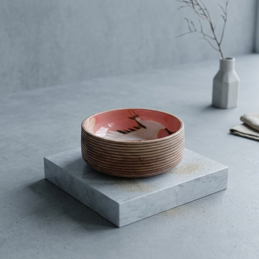 Flamingo Print Enamel & Ribbed Wooden Salad Bowl Set