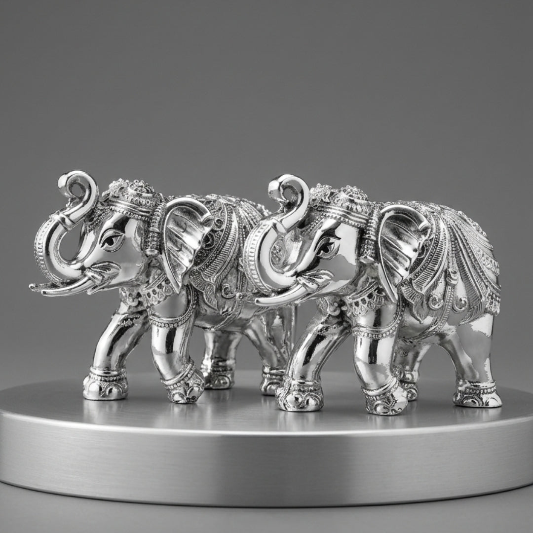 The Home Co- 999 Pure Silver Plated The Regal Duo Majestic Gajant laxmi Elephant Set 5"-set of 2