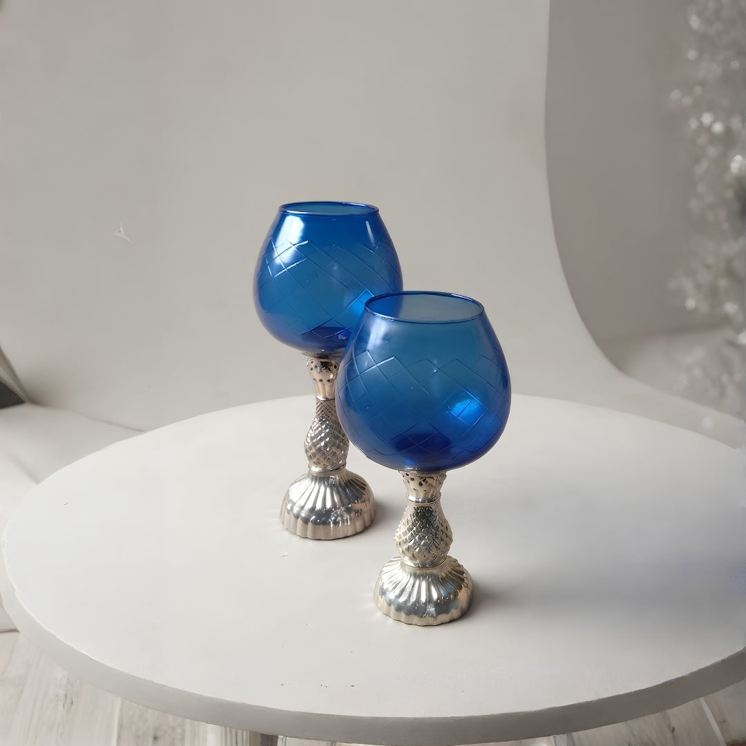 Blue Glass Chalice Candle Holders - Elegant Set of 2 (Large & Small)