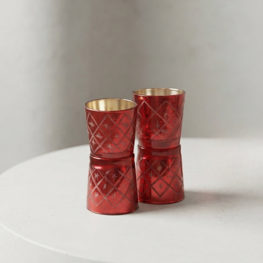 Etched Red Glass Votive Candle Holders - Elegant Small Set of 4