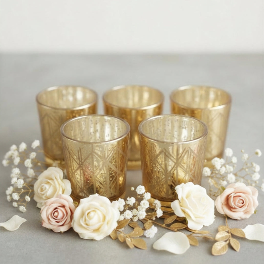 Diamond-Cut Gold Glass Votive Candle Holders – Elegant Set of 5