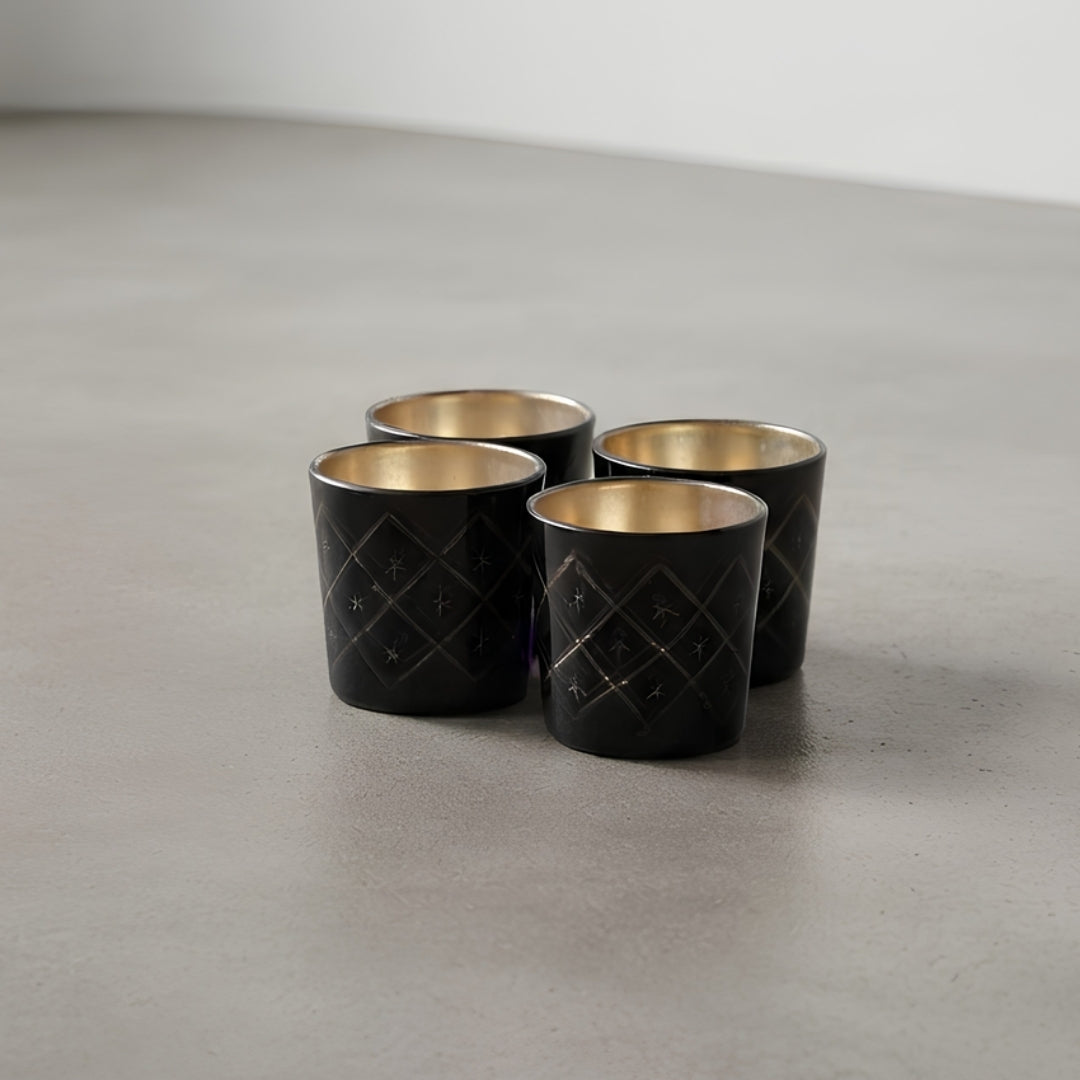 Etched Black Glass Votive Candle Holders - Elegant Small Set of 4