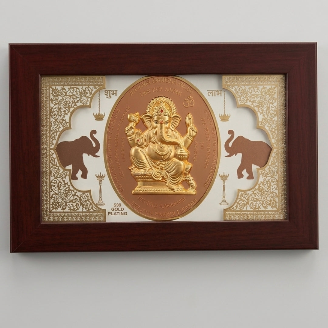 24K Gold Plated Ganesha Idol Wooden Frame | Divine Gold Plated & Fiber Frame Ganpati Idol for Home Decor