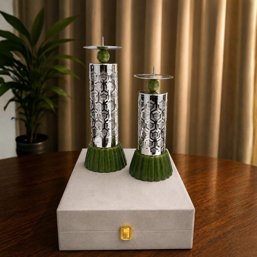Luxury Silver Plated Pillar Candle Holder Set of 2 in Premium Velvet Box