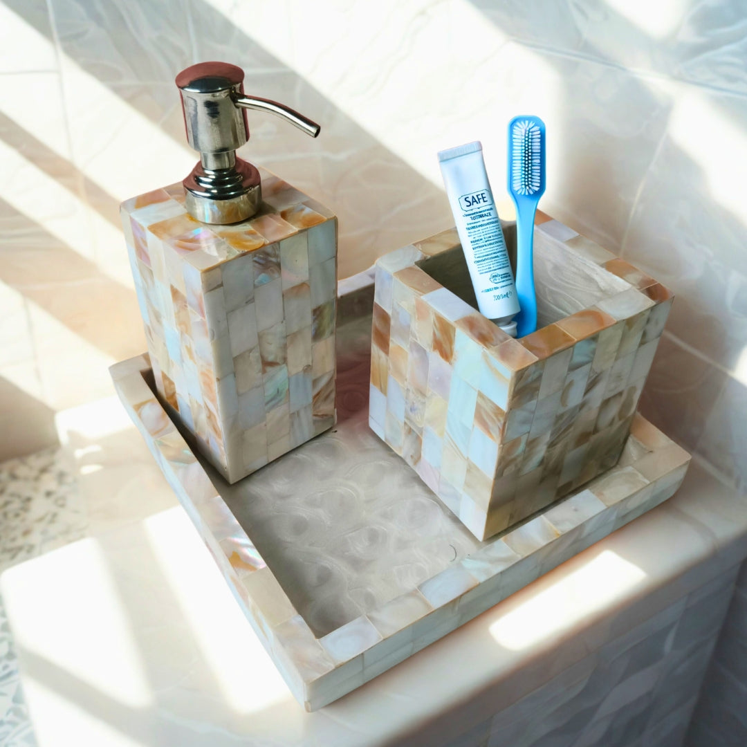 Wooden Mother of pearl & white enamel Bathroom Set of 3