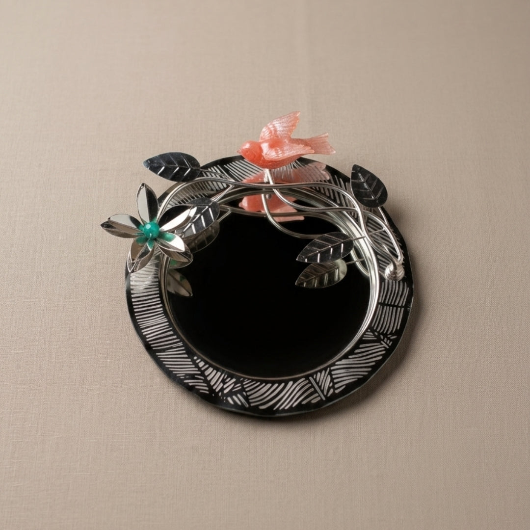 Silver Plated Round Platter with Flower & Resin Bird in Premium Gift Box