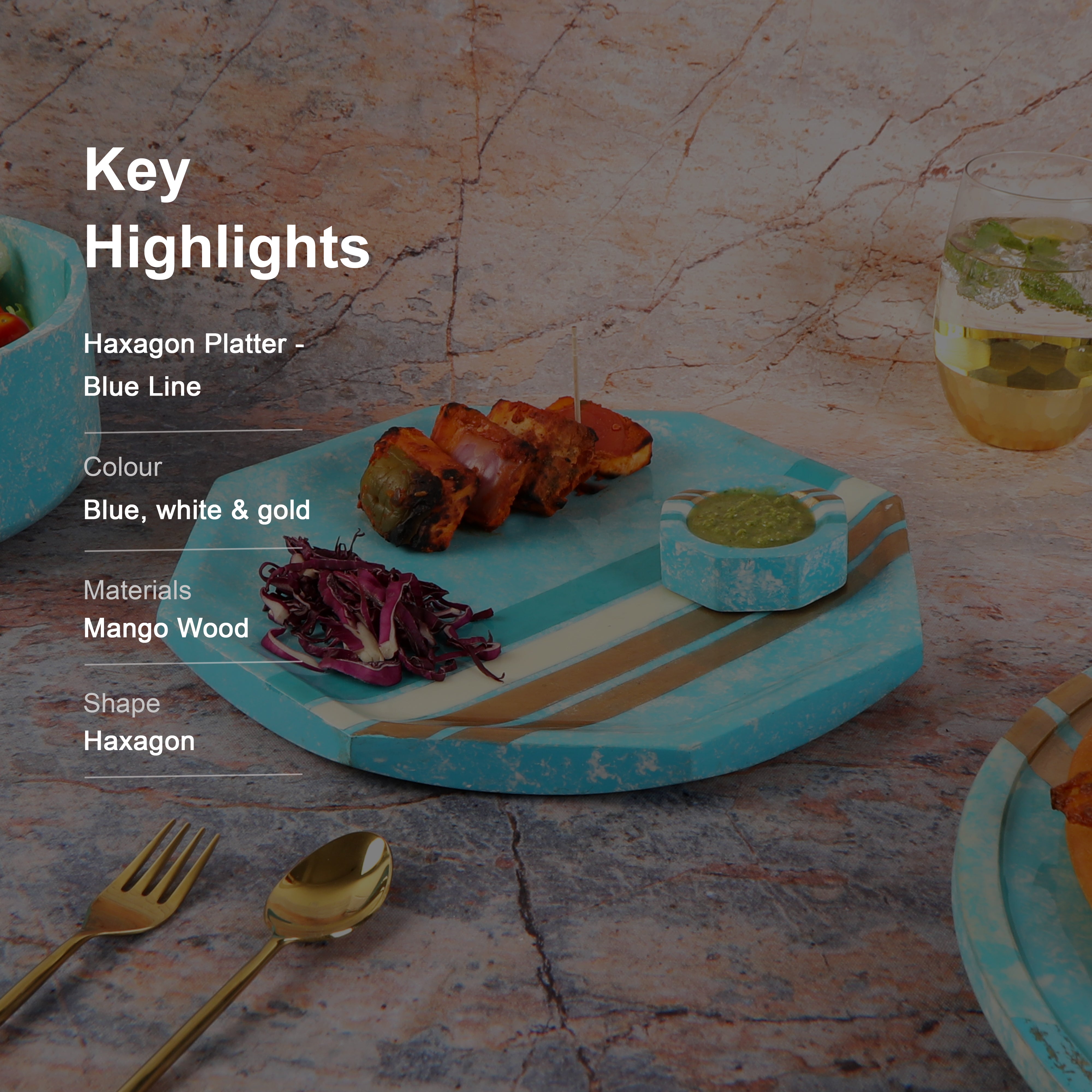 Hexagon Shape Wooden Blue Marble Finish Platter