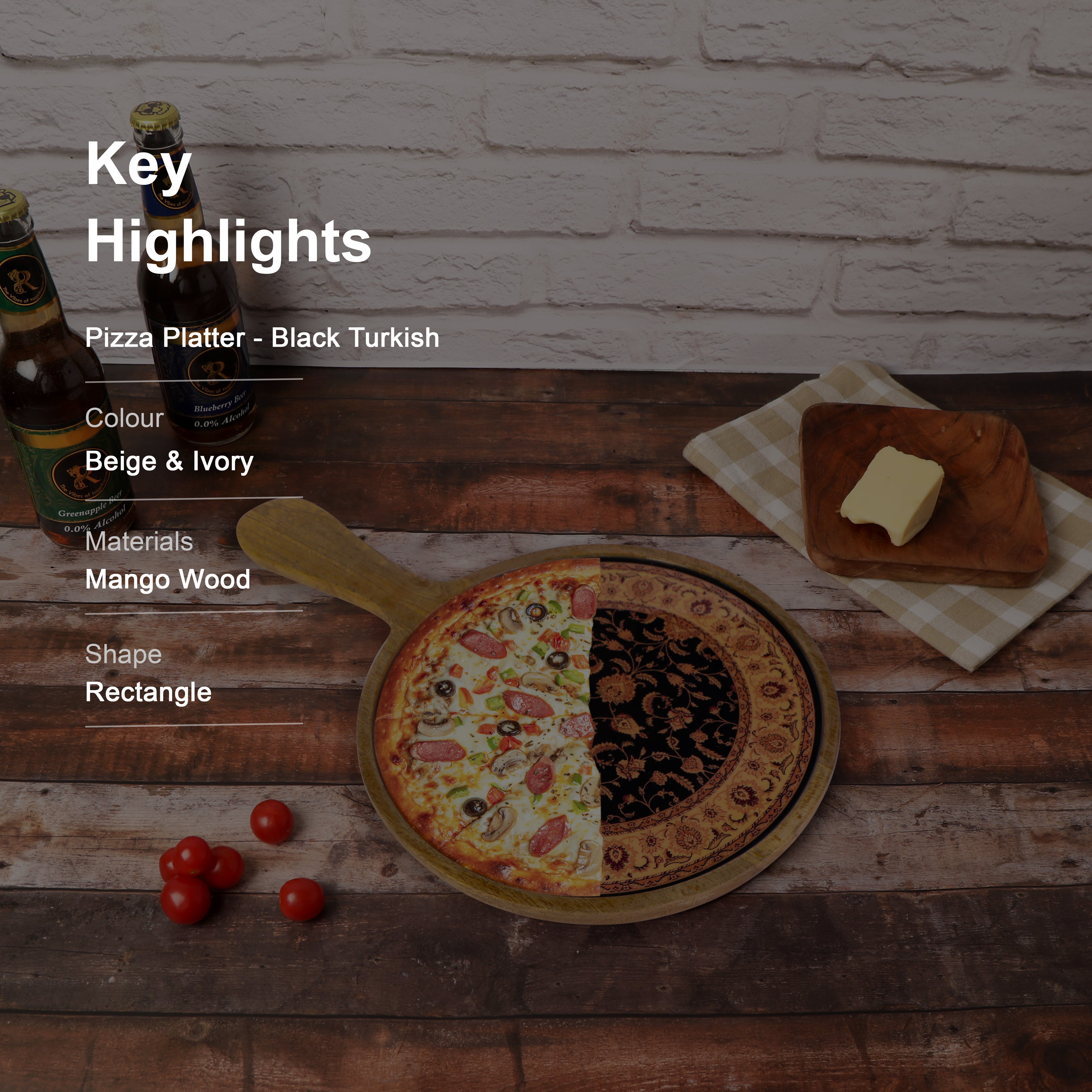 Wooden Black Turkish Print & Enameled Pizza Platter