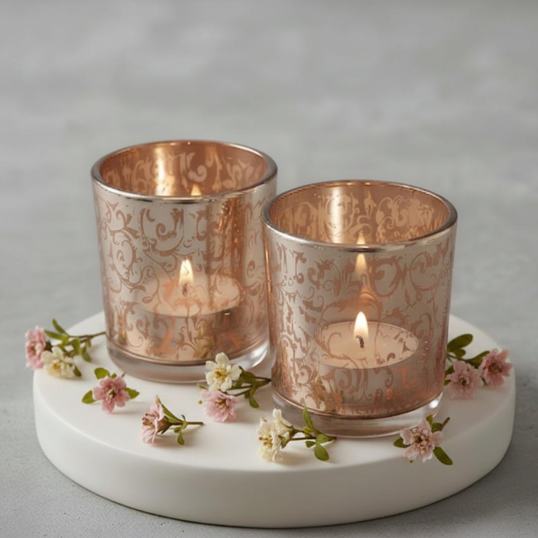 Etched Orange Glass Votive Candle Holders - Elegant Set of 2
