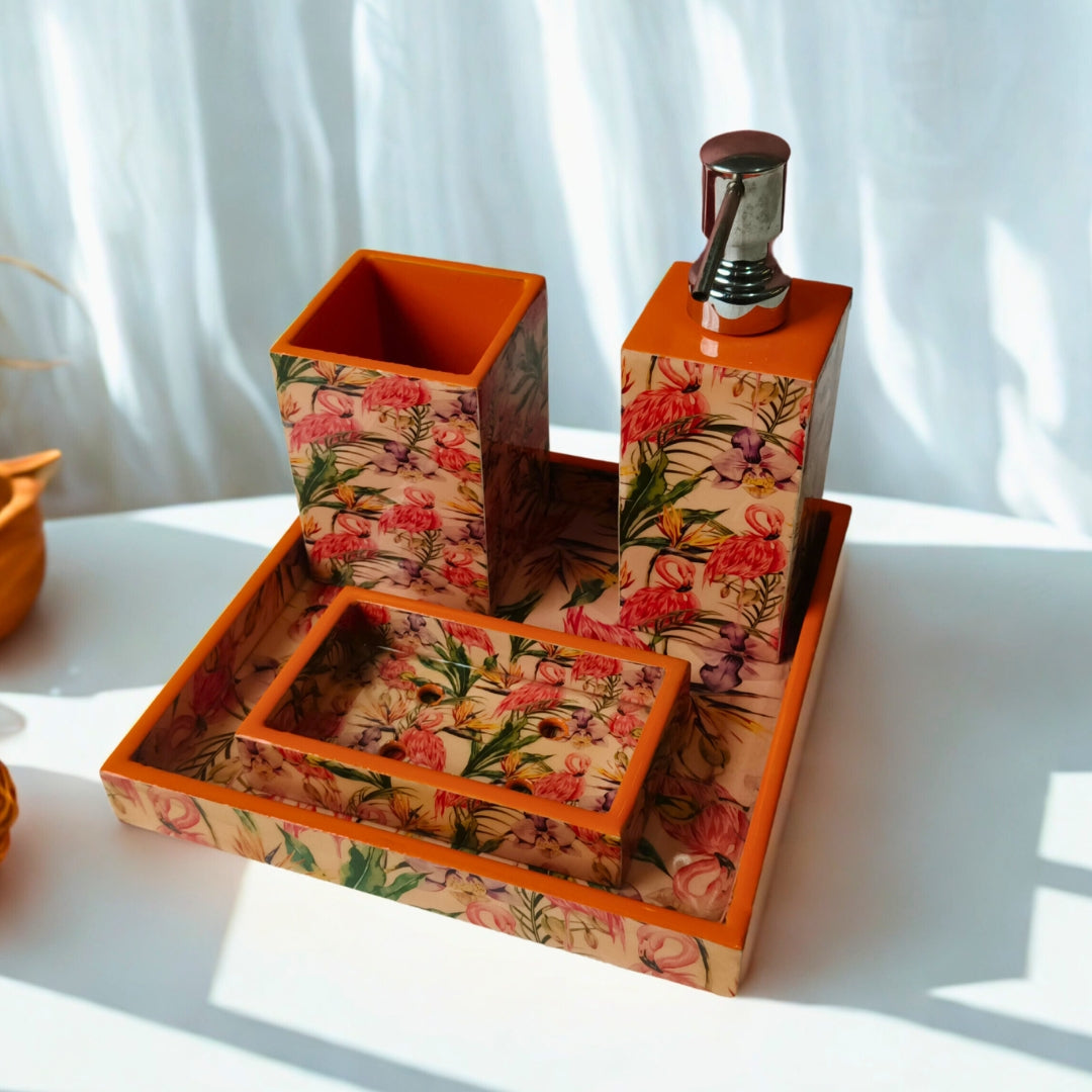 wooden water resistant Flamingo print & enamelled Bathroom Set of 4