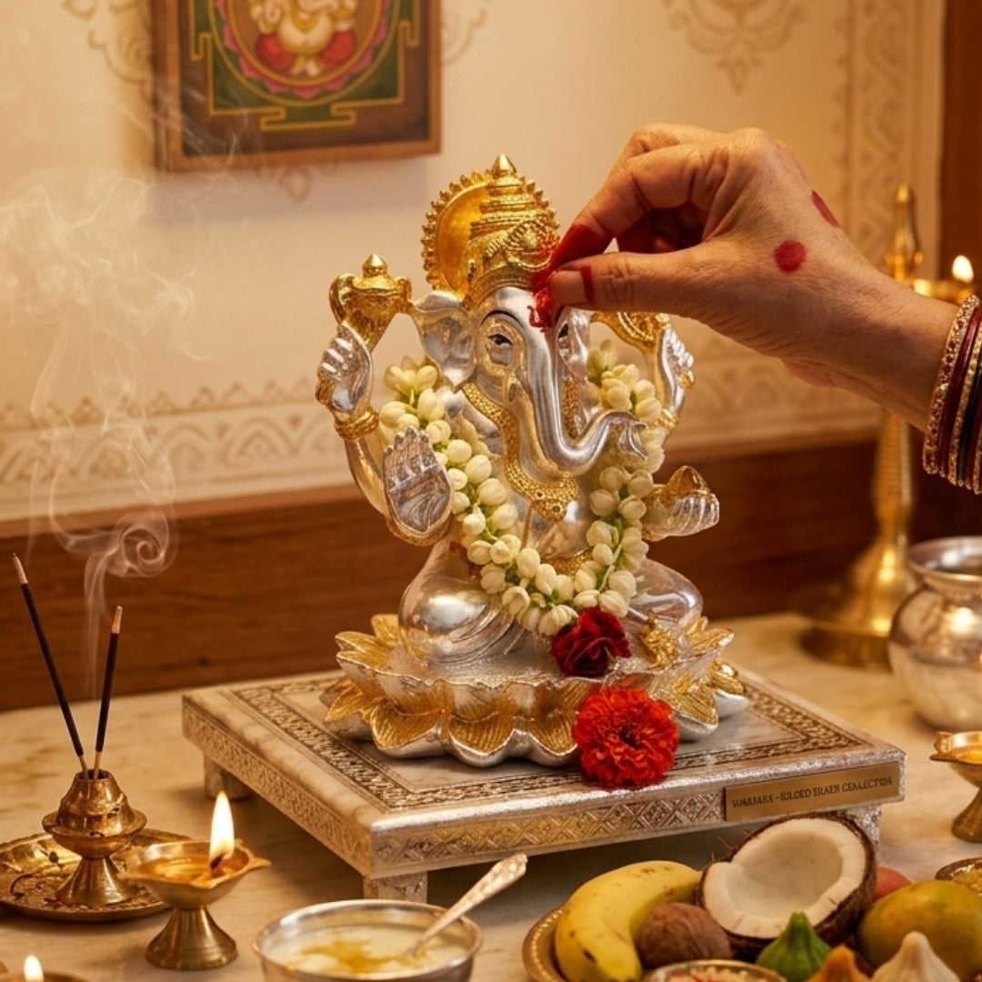 The Home Co. Majestic Lord Ganesha Idol | 999 Pure Silver & 24K Gold Plated Ganpati Murti on Lotus | Premium Fiber Vastu Decor & Corporate Gifting