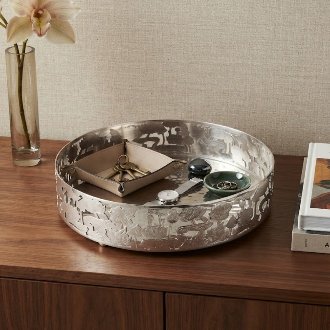 Decorative Silver-Plated Lotus Pattern Vanity Tray