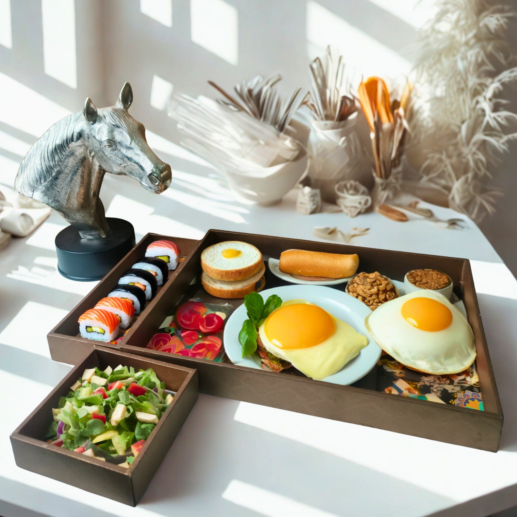 Wooden & Leatherette Zig Zag Multicolor Tray set of 3