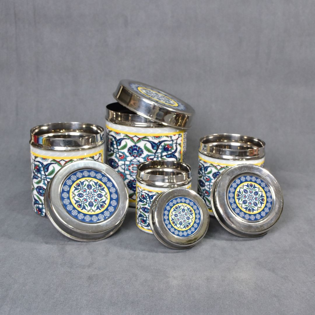 Stainless Steel Blue Abstract Printed Enamel Jar Set Of 4