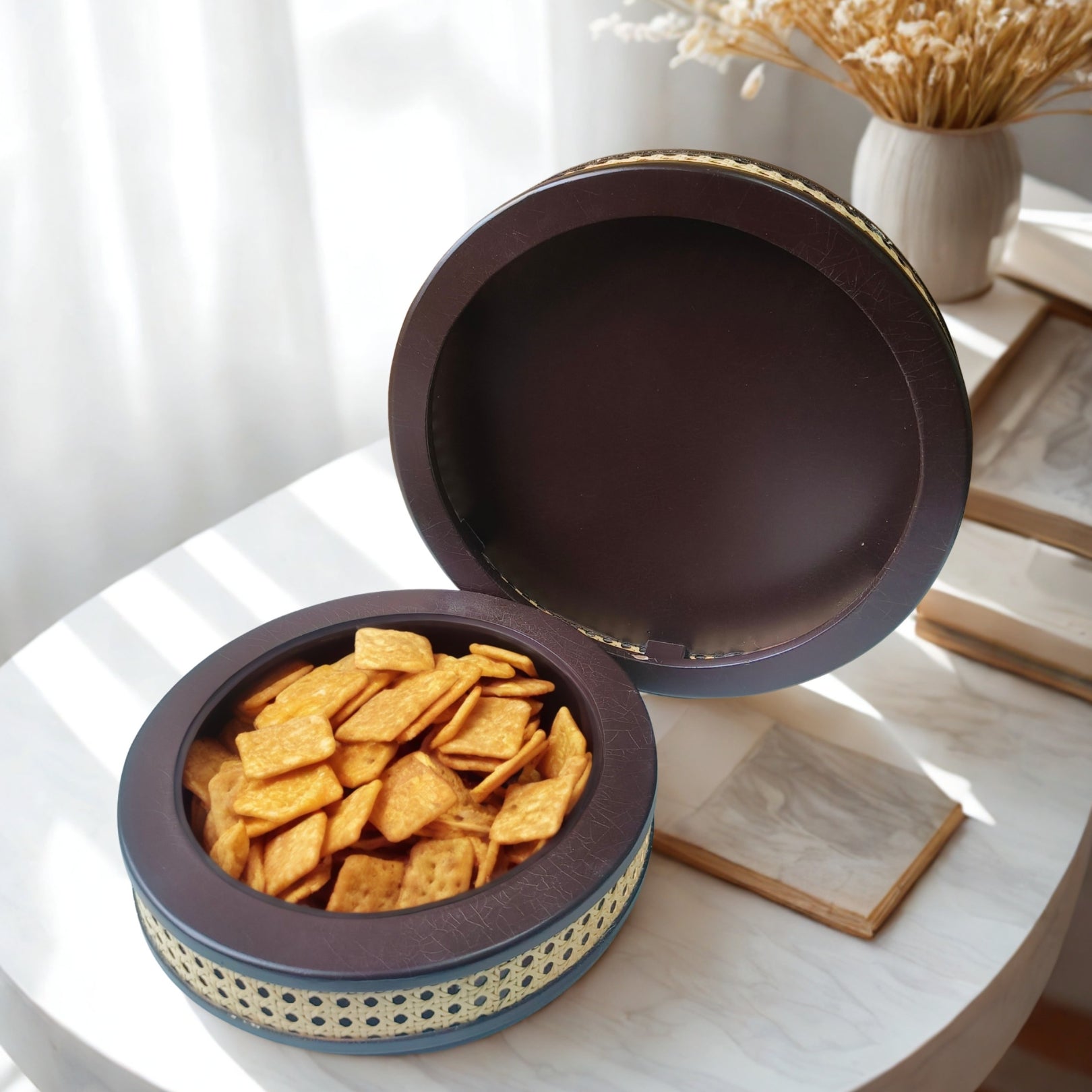 Wooden With rattan round tray set of 2