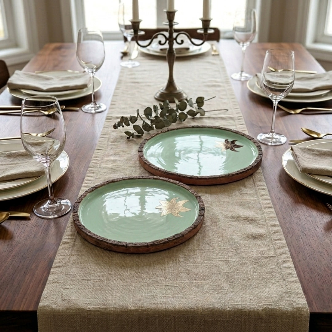 Green Enamel Wooden Round Platter Set of 2 with Tulip Foil Print