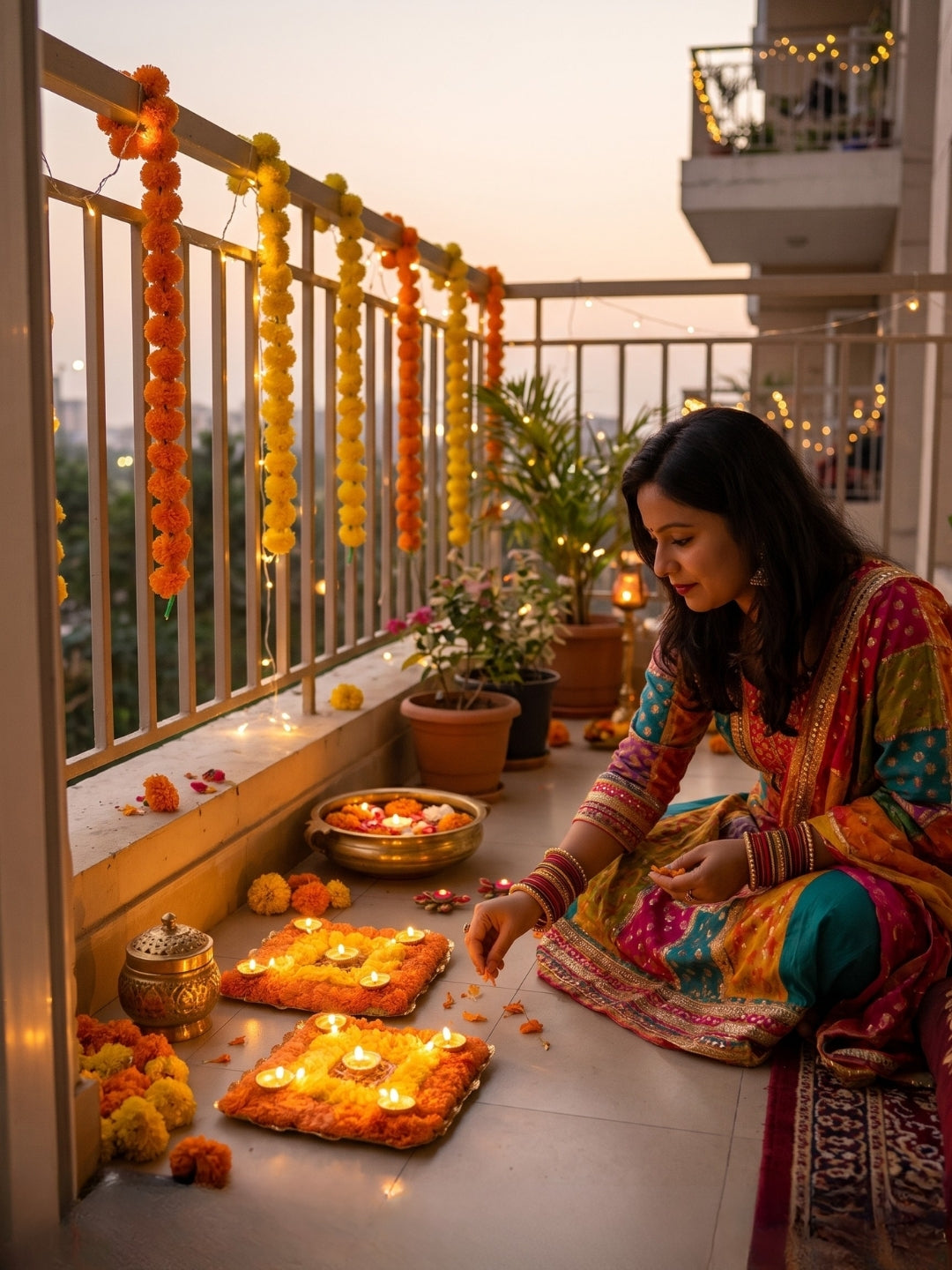 Handmade Square Floral Puja Mat / rangoli Set of 2 with Golden LED Diyas