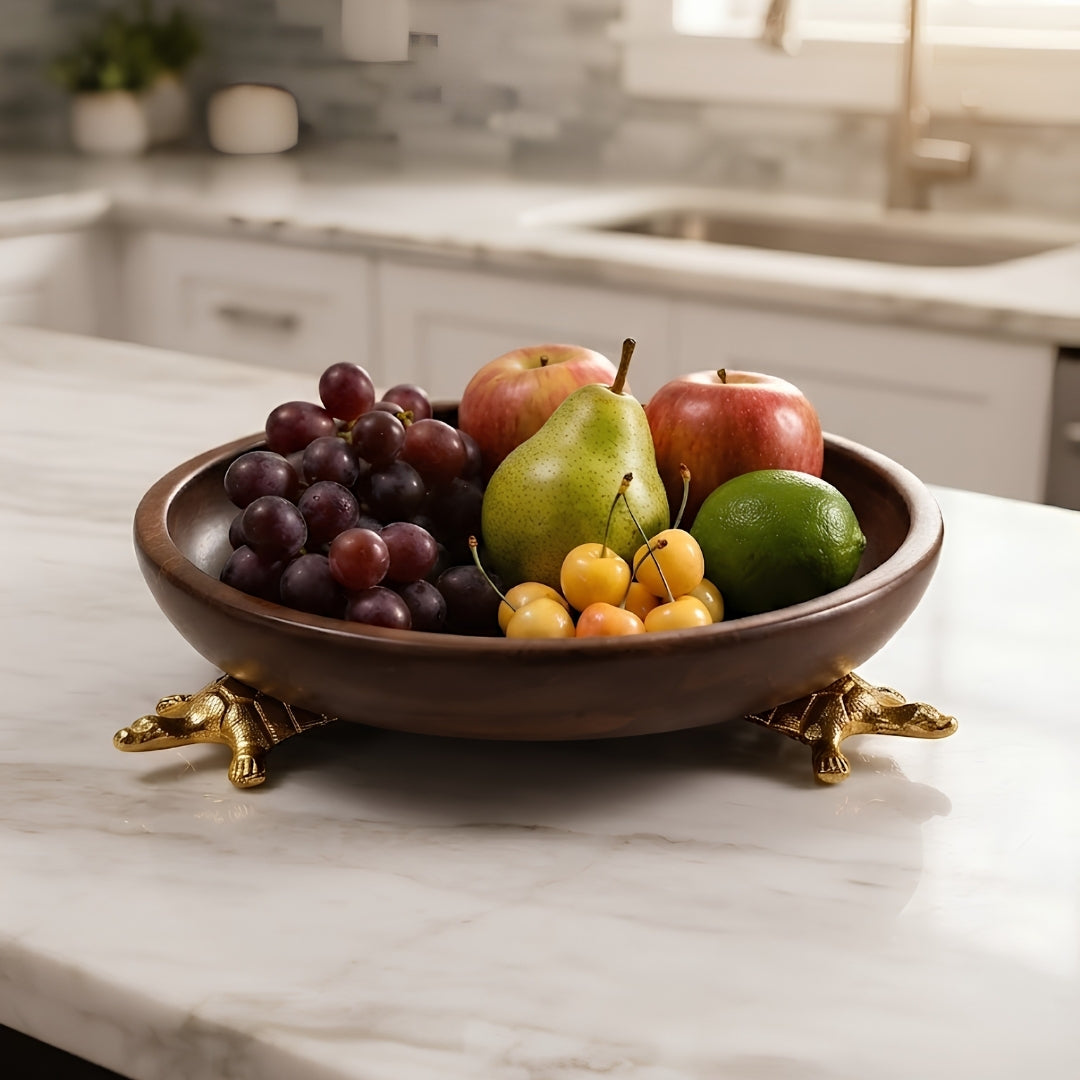 Dark Wood Round Serving Bowl with Gold Turtle Feet Stand