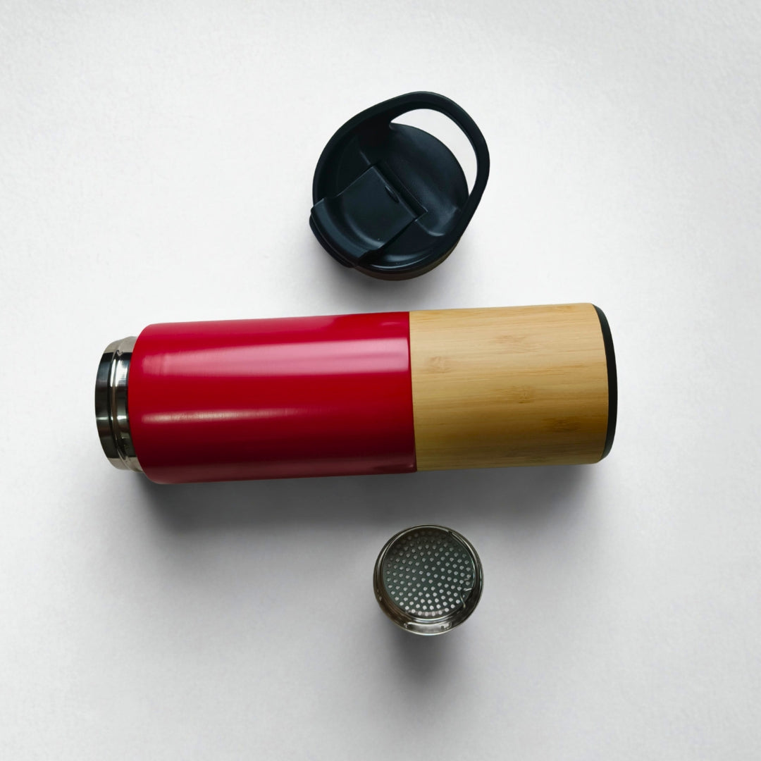 Red Stainless Steel Sipper With Bamboo Base