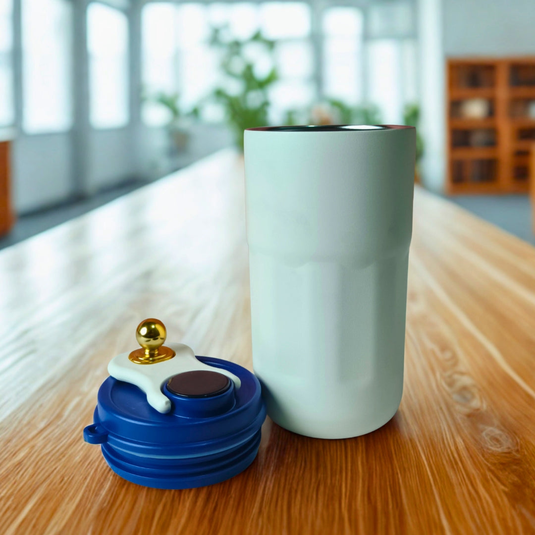White Stainless Steel With Blue Lid & Gold Knob