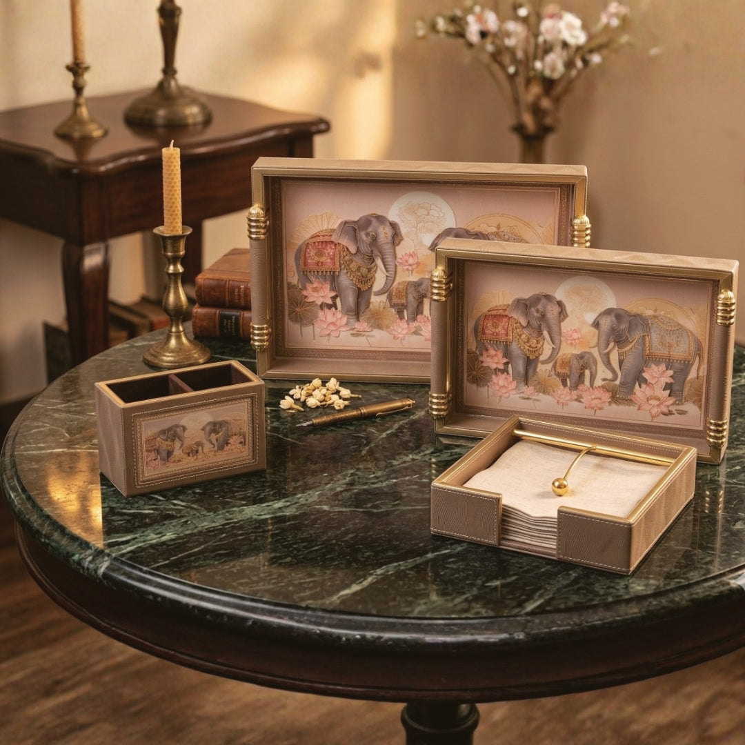 Royal Elephant Leatherette Serving Tray Set of 2 with Tissue & Cutlery Holder