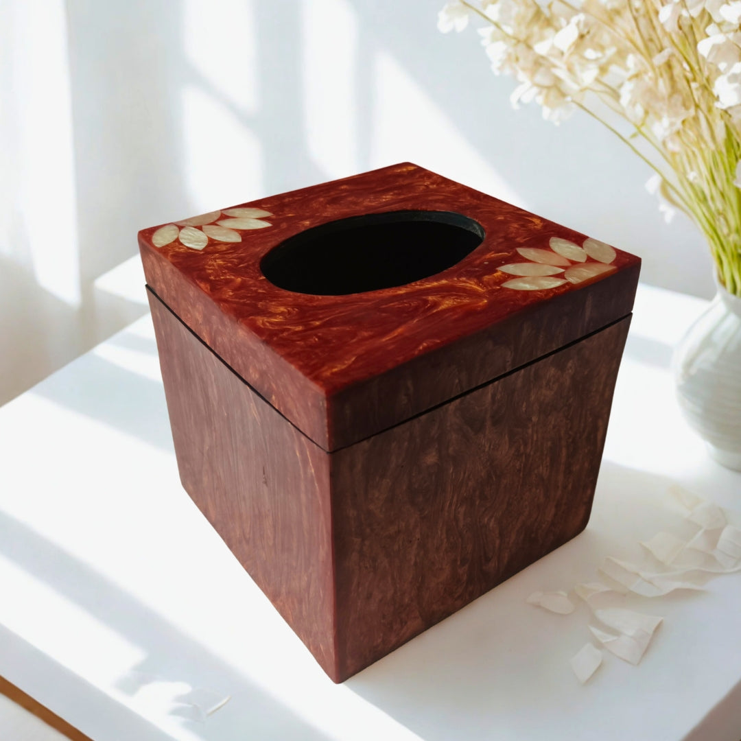 Square Tissue Box - Wooden with Resin Floral Design