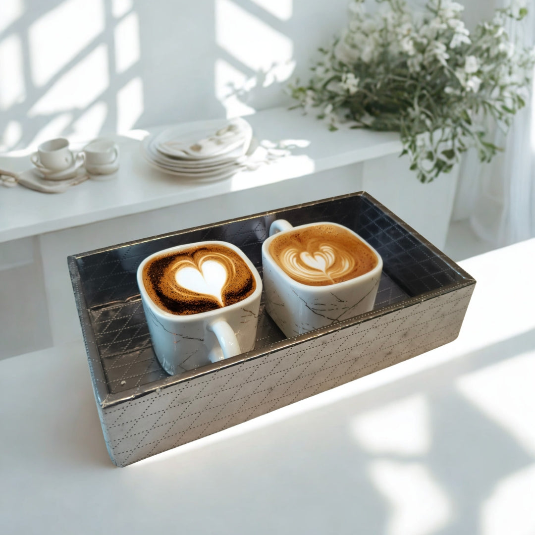 Small Rectangle silver leatherette tray with wooden base
