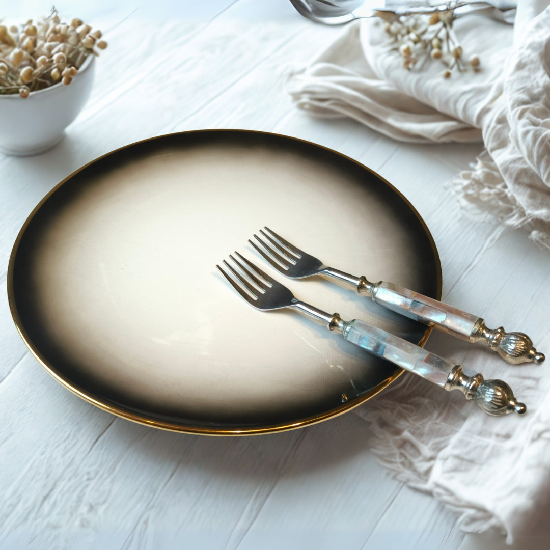 Cutlery Set Of 6 - Brown Mother Of Pearl With Silver Knob Table Fork