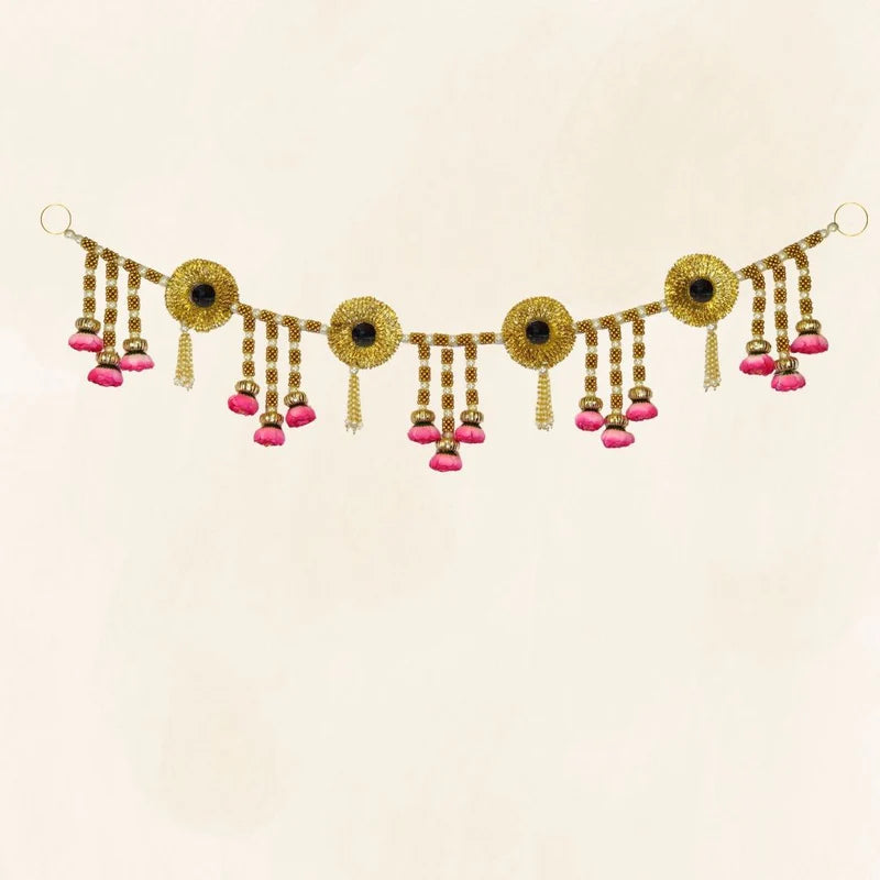 Pink Flower Hanging Toran With Gota Mirror & Pearl