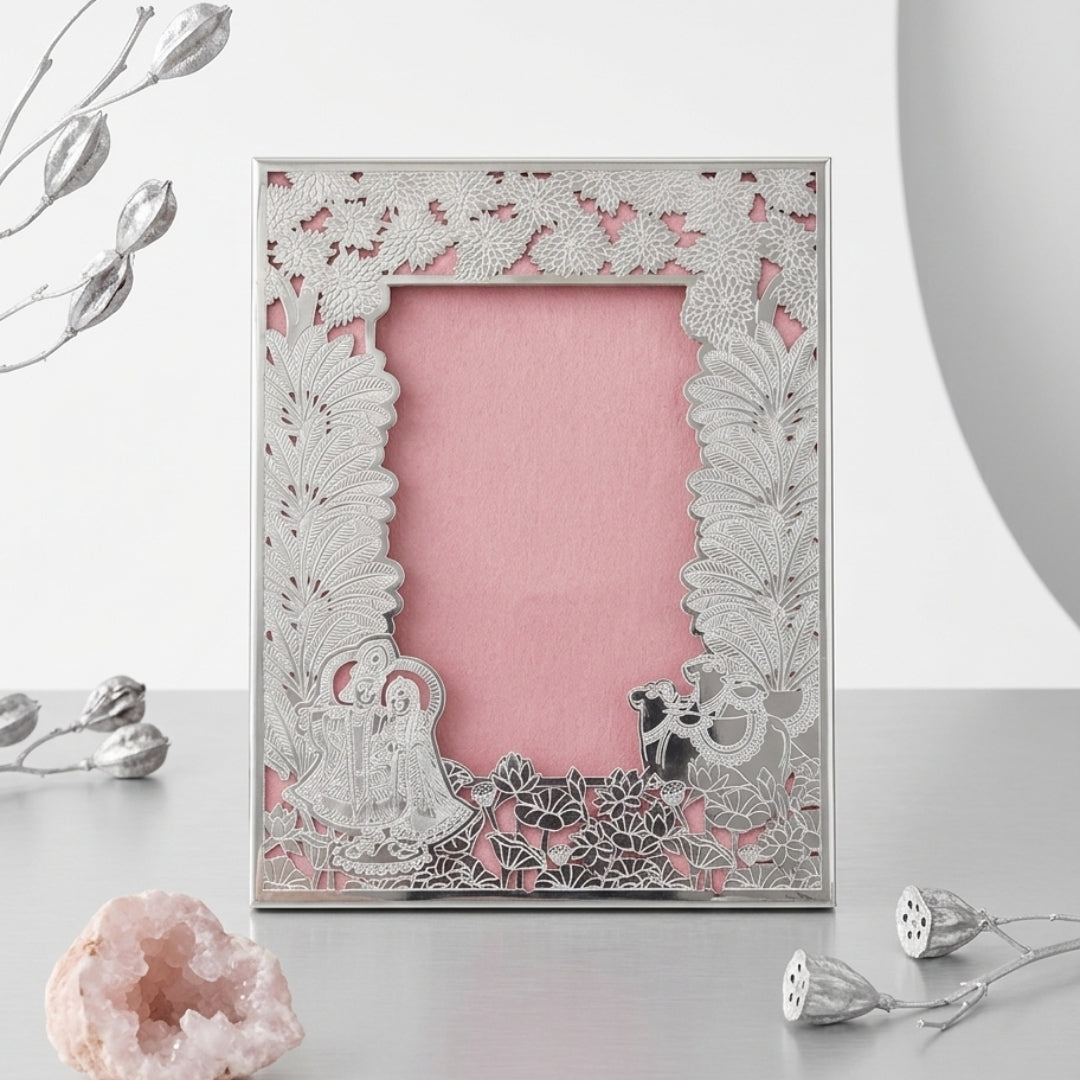 Silver Plated Raas Leela Radha Krishna Photo Frame (Pink Velvet Box)