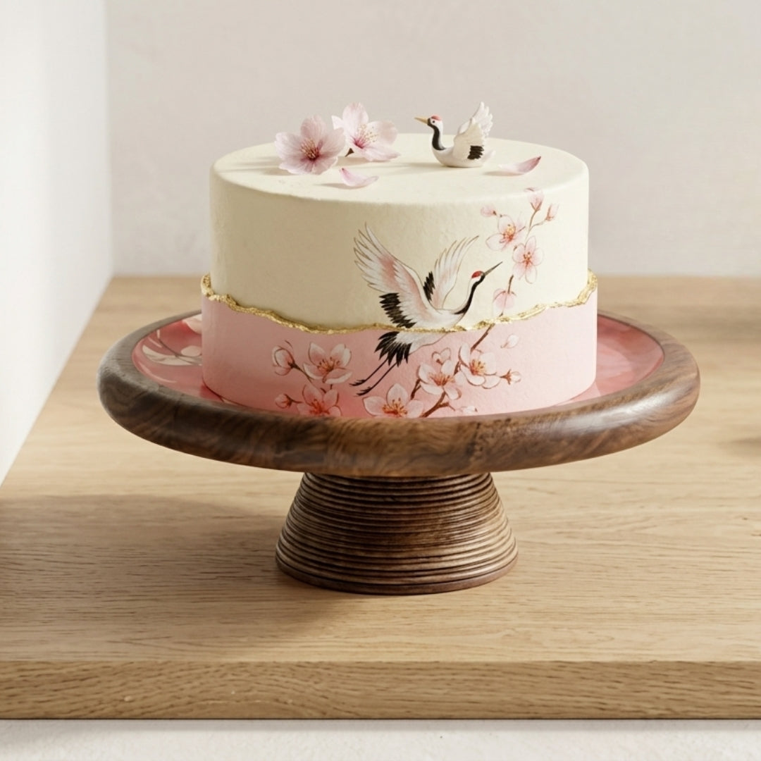 Flamingo Print Enamel & Wooden Cake Stand