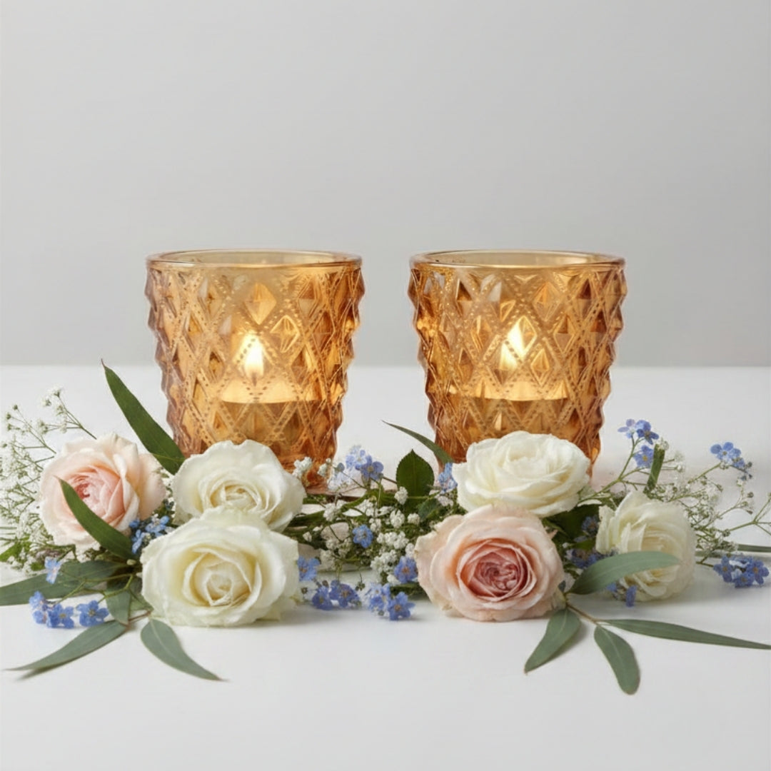 Set of 2 Brown Diamond-Cut Glass Tea Light Votive Holders
