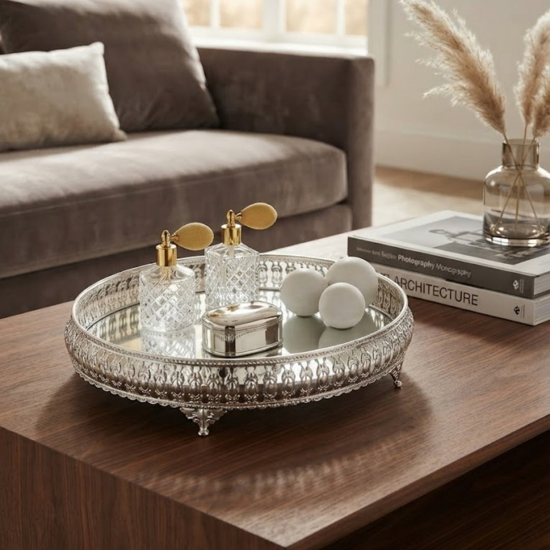 Decorative Silver Filigree Mirrored Tray with Feet