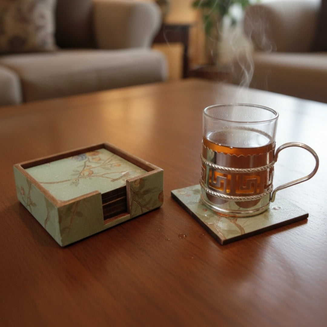 Table Coaster - green peacock & bird print & enamel set of 6