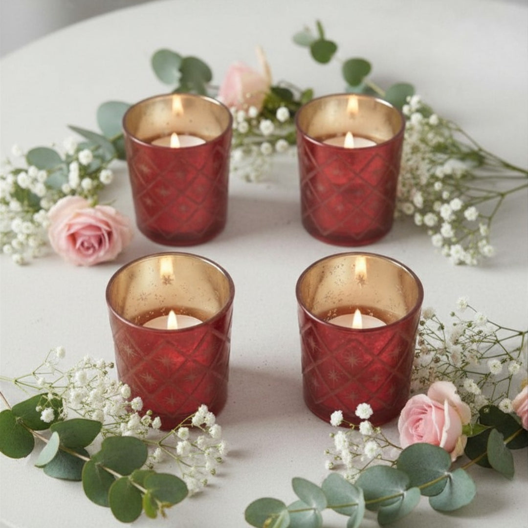 Etched Red Glass Votive Candle Holders - Elegant Small Set of 4