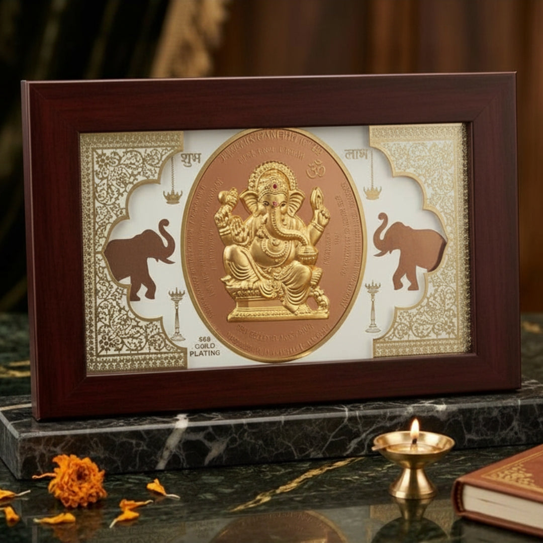 24K Gold Plated Ganesha Idol Wooden Frame | Divine Gold Plated & Fiber Frame Ganpati Idol for Home Decor