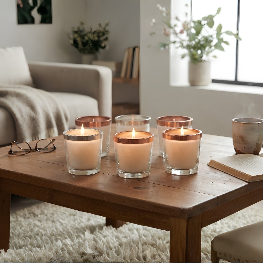 Set of 6 Scented Wax Glass Votives with Metallic 3 pc Silver & 3 pc Copper Rims