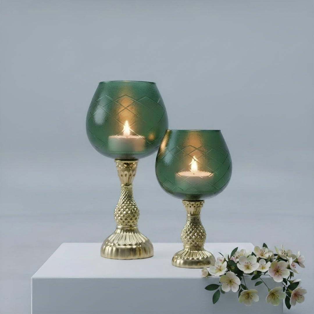 Green Glass Chalice Candle Holders - Elegant Set of 2 (Large & Small)