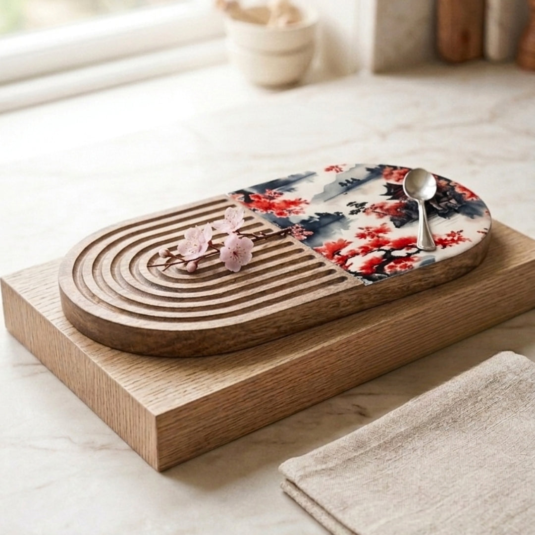 Japanese Art Print Enamel & Ribbed Wooden Oval Platter