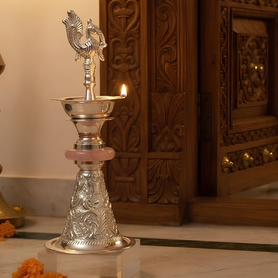 Silver-Plated Peacock Diya with Velvet Gift Boxe- PINK SINGLE PC