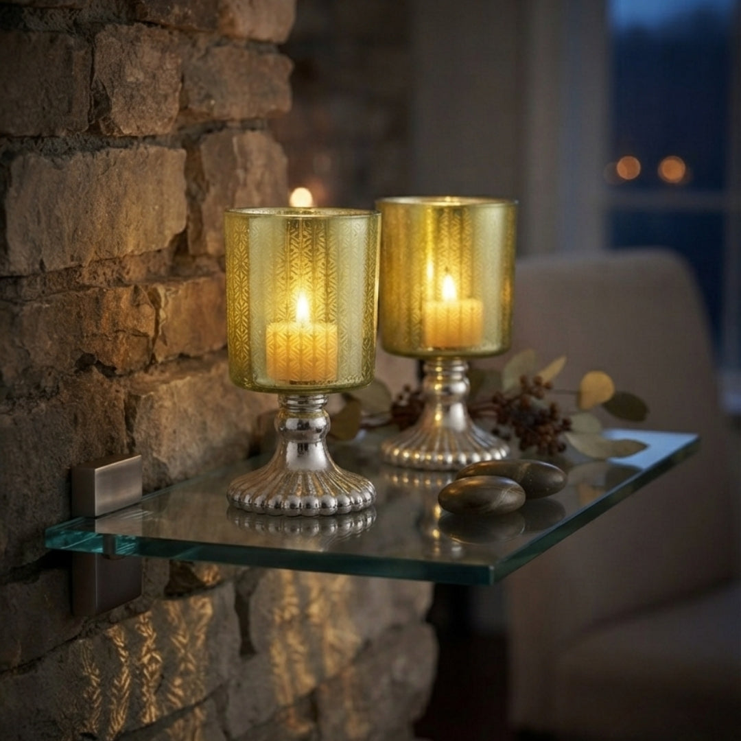 Set of 2 Green Leaf-Etched Glass Pedestal Tea Light Holders